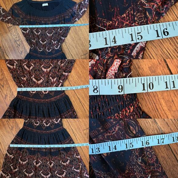 Abercrombie & Fitch Boho Teal Rust Damask Smocked Peasant Midi Dress XS - Picture 13 of 17